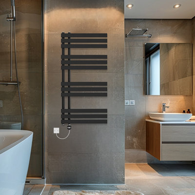 Rinse Bathrooms Touch Screen Thermostatic Electric Bathroom D Shape Tube Heated Towel Rail with Timer 1200x600mm - Black Price Comparisons | Compare The Build