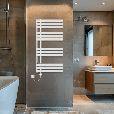 Rinse Bathrooms Touch Screen Thermostatic Electric Bathroom D Shape Tube Heated Towel Rail with Timer 1200x600mm - Chrome