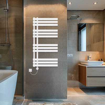Rinse Bathrooms Touch Screen Thermostatic Electric Bathroom D Shape Tube Heated Towel Rail with Timer 1200x600mm - White Price Comparisons | Compare The Build