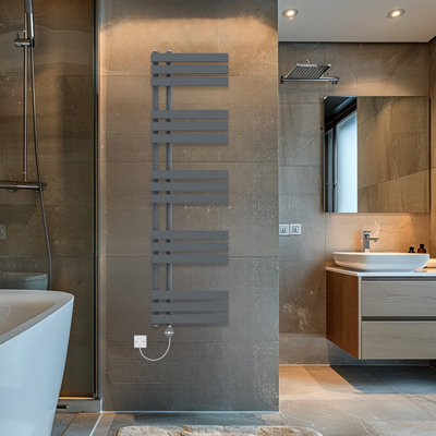 Rinse Bathrooms Touch Screen Thermostatic Electric Bathroom D Shape Tube Heated Towel Rail with Timer 1600x450mm - Sand Grey Price Comparisons | Compare The Build
