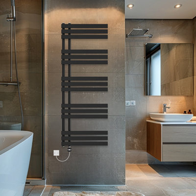 Rinse Bathrooms Touch Screen Thermostatic Electric Bathroom D Shape Tube Heated Towel Rail with Timer 1600x600mm - Black Price Comparisons | Compare The Build