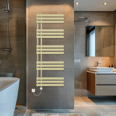 Rinse Bathrooms Touch Screen Thermostatic Electric Bathroom D Shape Tube Heated Towel Rail with Timer 1600x600mm - Brushed Brass