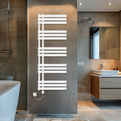 Rinse Bathrooms Touch Screen Thermostatic Electric Bathroom D Shape Tube Heated Towel Rail with Timer 1600x600mm - White