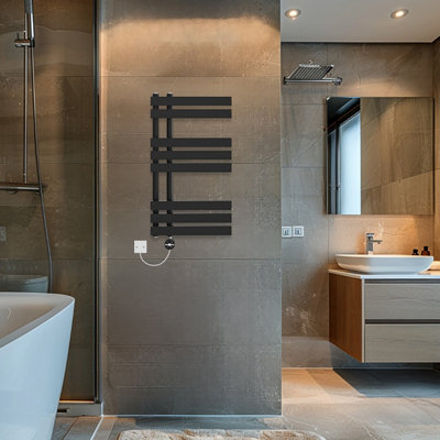 Rinse Bathrooms Touch Screen Thermostatic Electric Bathroom D Shape Tube Heated Towel Rail with Timer 800x450mm - Black Price Comparisons | Compare The Build