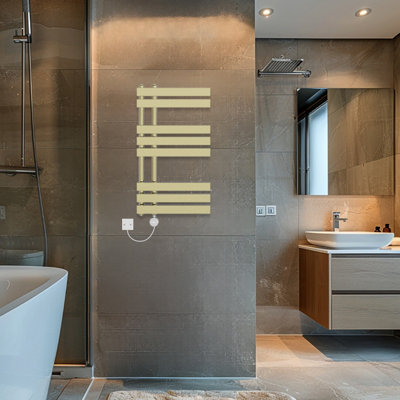 Rinse Bathrooms Touch Screen Thermostatic Electric Bathroom D Shape Tube Heated Towel Rail with Timer 800x450mm - Brushed Brass Price Comparisons | Compare The Build