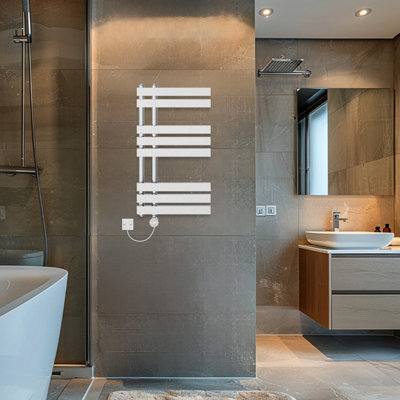 Rinse Bathrooms Touch Screen Thermostatic Electric Bathroom D Shape Tube Heated Towel Rail with Timer 800x450mm - Chrome Price Comparisons | Compare The Build