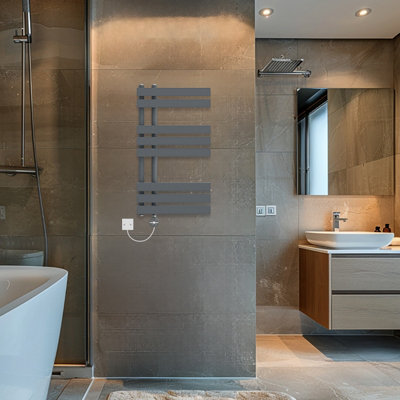 Rinse Bathrooms Touch Screen Thermostatic Electric Bathroom D Shape Tube Heated Towel Rail with Timer 800x450mm - Sand Grey Price Comparisons | Compare The Build