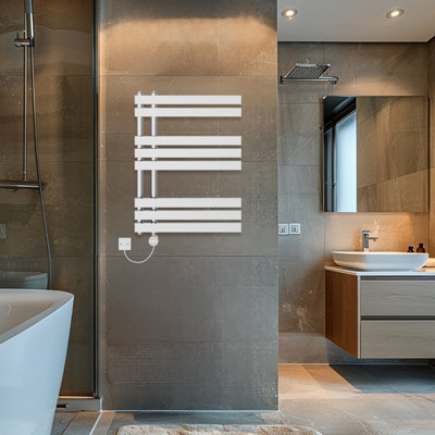 Rinse Bathrooms Touch Screen Thermostatic Electric Bathroom D Shape Tube Heated Towel Rail with Timer 800x600mm - Chrome