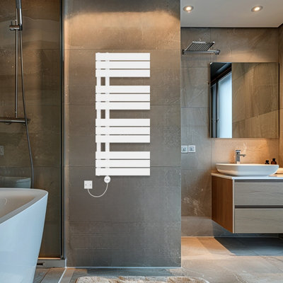 Rinse Bathrooms Touch Screen Thermostatic Electric Bathroom Flat Panel Heated Towel Rail Radiator with Timer 1126x500mm - White Price Comparisons | Compare The Build