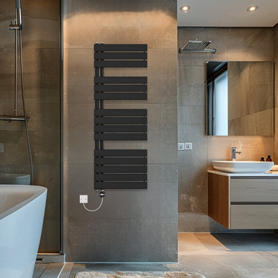 Rinse Bathrooms Touch Screen Thermostatic Electric Bathroom Flat Panel Heated Towel Rail Radiator with Timer 1380x500mm - Black