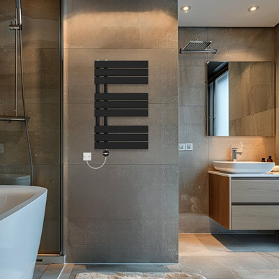 Rinse Bathrooms Touch Screen Thermostatic Electric Bathroom Flat Panel Heated Towel Rail Radiator with Timer 824x500mm - Black Price Comparisons | Compare The Build