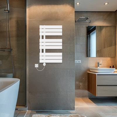 Rinse Bathrooms Touch Screen Thermostatic Electric Bathroom Flat Panel Heated Towel Rail Radiator with Timer 824x500mm - White Price Comparisons | Compare The Build