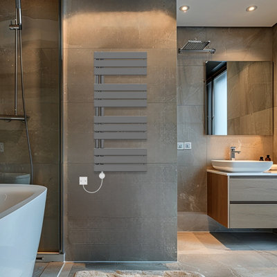 Rinse Bathrooms Touch Screen Thermostatic Electric Bathroom Flat Panel Heated Towel Rail with Timer 1126x500mm - Gunmetal Price Comparisons | Compare The Build