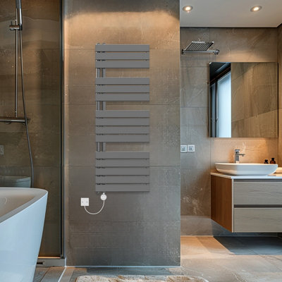 Rinse Bathrooms Touch Screen Thermostatic Electric Bathroom Flat Panel Heated Towel Rail with Timer 1380x500mm - Gunmetal