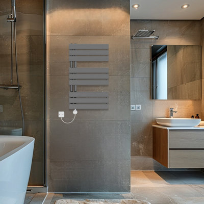 Rinse Bathrooms Touch Screen Thermostatic Electric Bathroom Flat Panel Heated Towel Rail with Timer 824x500mm - Gunmetal Price Comparisons | Compare The Build