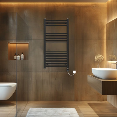 Rinse Bathrooms Touch Screen Thermostatic Electric Bathroom Straight Heated Towel Rail Radiator with Timer Black - 1200x600mm