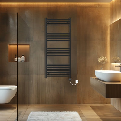 Rinse Bathrooms Touch Screen Thermostatic Electric Bathroom Straight Heated Towel Rail Radiator with Timer Black - 1400x600mm
