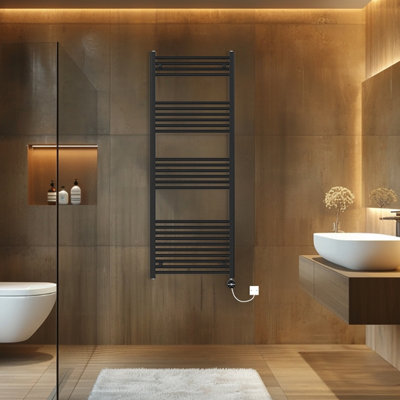 Rinse Bathrooms Touch Screen Thermostatic Electric Bathroom Straight Heated Towel Rail Radiator with Timer Black - 1600x600mm