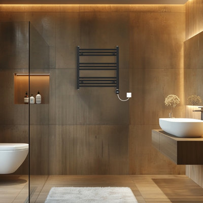 Rinse Bathrooms Touch Screen Thermostatic Electric Bathroom Straight Heated Towel Rail Radiator with Timer Black - 600x600mm