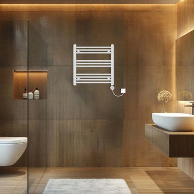 Rinse Bathrooms Touch Screen Thermostatic Electric Bathroom Straight Heated Towel Rail Radiator with Timer White - 600x600mm