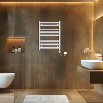 Rinse Bathrooms Touch Screen Thermostatic Electric Bathroom Straight Heated Towel Rail Radiator with Timer White - 800x600mm