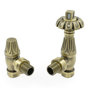 Rinse Bathrooms Traditional Antique Style Brass Thermostatic Radiator Valve Lockshield Angled TRV Polished Antique Brass