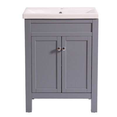 600mm Gloss Grey Wall Hung 2 Drawer Vanity Unit Basin Bathroom Storage Furniture