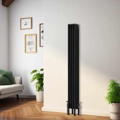 Rinse Bathrooms Traditional Radiator 1500x200mm Black Vertical 4 Column Cast Iron Radiators Central Heating Heater Rads