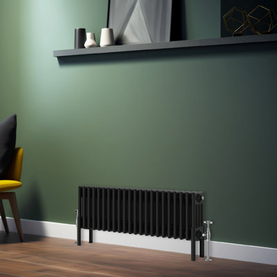 Rinse Bathrooms Traditional Radiator 300x1010mm Black Horizontal 4 Column Cast Iron Radiators Heater Central Heating