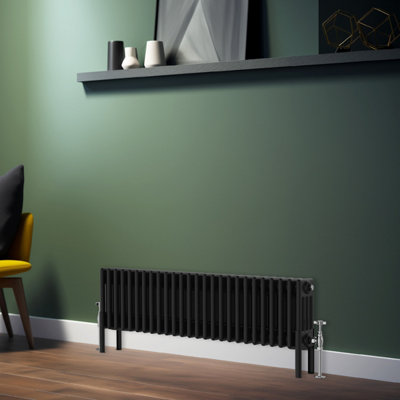 Rinse Bathrooms Traditional Radiator 300x1190mm Black Horizontal 4 Column Cast Iron Radiators Heater Central Heating