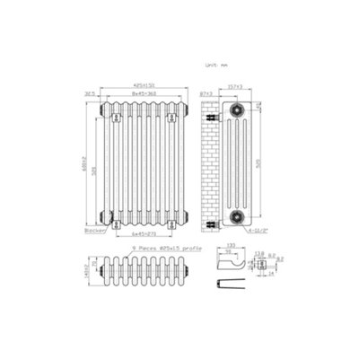 Rinse Bathrooms Traditional Radiator 600x425mm Anthracite Horizontal 4 Column Cast Iron Radiators Heater Central Heating