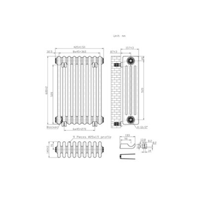 Rinse Bathrooms Traditional Radiator 600x425mm White Horizontal 4 Column Cast Iron Radiators Heater Central Heating