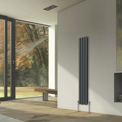 Rinse Bathrooms Vertical Radiators Oval Double Panel Anthracite Column Designer Radiator 1600x236mm