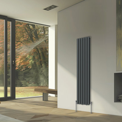 Rinse Bathrooms Vertical Radiators Oval Double Panel Anthracite Column Designer Radiator 1600x354mm