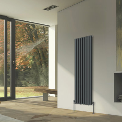 Rinse Bathrooms Vertical Radiators Oval Double Panel Anthracite Column Designer Radiator 1600x472mm