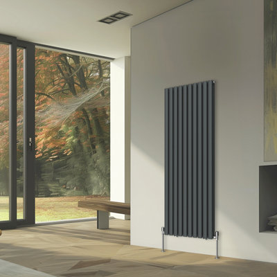 Rinse Bathrooms Vertical Radiators Oval Double Panel Anthracite Column Designer Radiator 1600x590mm