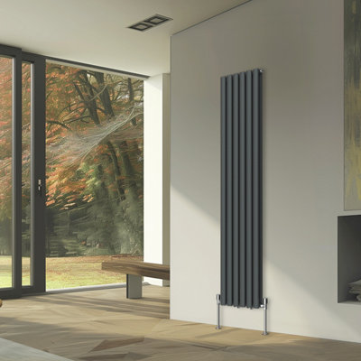 Rinse Bathrooms Vertical Radiators Oval Double Panel Anthracite Column Designer Radiator 1800x354mm