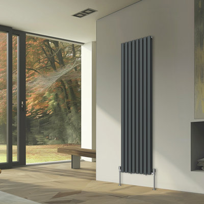 Rinse Bathrooms Vertical Radiators Oval Double Panel Anthracite Column Designer Radiator 1800x472mm