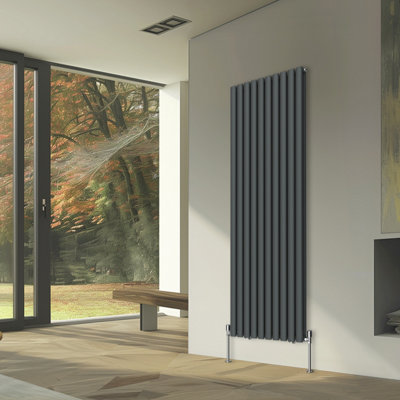 Rinse Bathrooms Vertical Radiators Oval Double Panel Anthracite Column Designer Radiator 1800x590mm