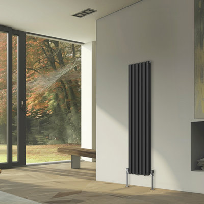 Rinse Bathrooms Vertical Radiators Oval Double Panel Black Column Designer Radiator 1600x354mm