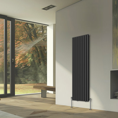 Rinse Bathrooms Vertical Radiators Oval Double Panel Black Column Designer Radiator 1600x472mm