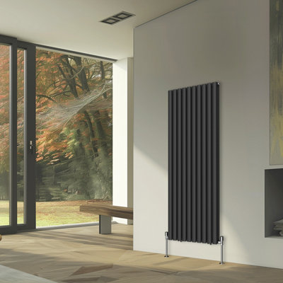 Rinse Bathrooms Vertical Radiators Oval Double Panel Black Column Designer Radiator 1600x590mm