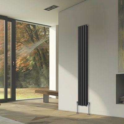 Rinse Bathrooms Vertical Radiators Oval Double Panel Black Column Designer Radiator 1800x236mm