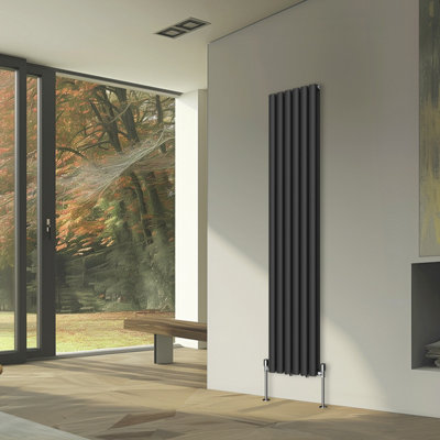 Rinse Bathrooms Vertical Radiators Oval Double Panel Black Column Designer Radiator 1800x354mm