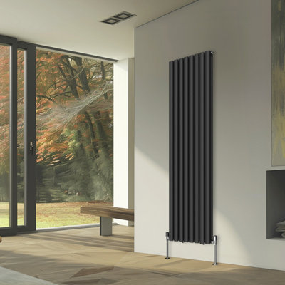 Rinse Bathrooms Vertical Radiators Oval Double Panel Black Column Designer Radiator 1800x472mm