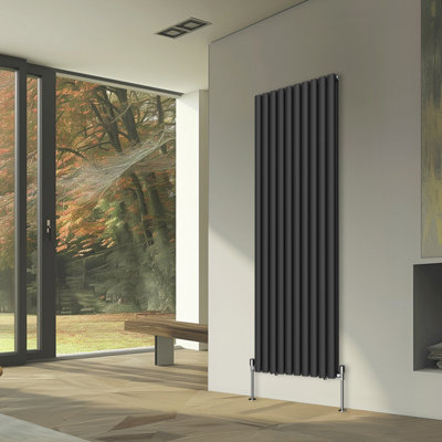 Rinse Bathrooms Vertical Radiators Oval Double Panel Black Column Designer Radiator 1800x590mm