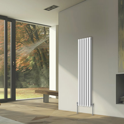 Rinse Bathrooms Vertical Radiators Oval Double Panel White Column Designer Radiator 1600x354mm