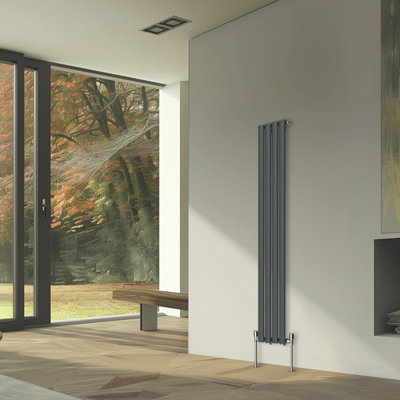 Rinse Bathrooms Vertical Radiators Oval Single Panel Anthracite Column Designer Radiator 1600x236mm