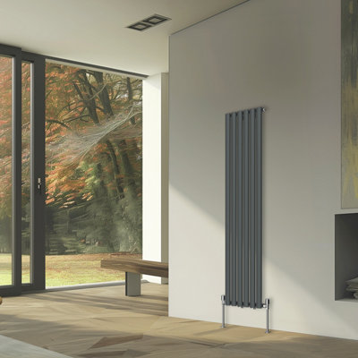 Rinse Bathrooms Vertical Radiators Oval Single Panel Anthracite Column Designer Radiator 1600x354mm