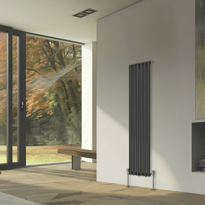 Rinse Bathrooms Vertical Radiators Oval Single Panel Black Column Designer Radiator 1600x354mm